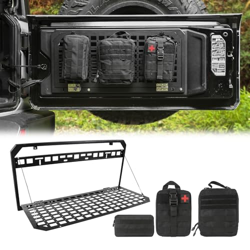 Tailgate Table Rear Storage Cargo Rack Compatible with 2017-2024 Jeep Wrangler JKU &JL JLU Foldable Storage Shelf MOLLE Panel with 3 Storage Bags(Not fit with Low Speaker JK Models)