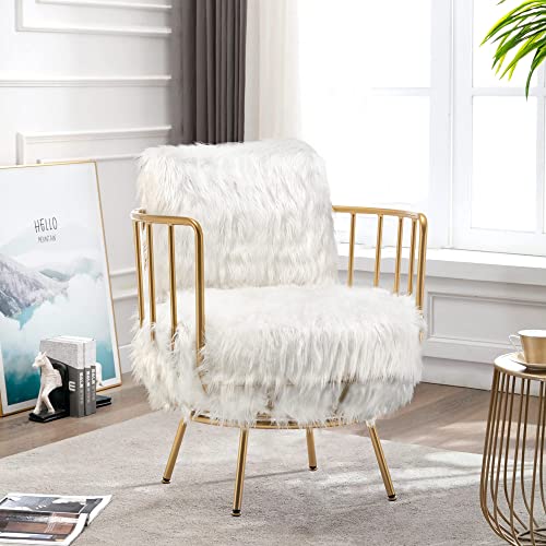 Annjoe Accent Chair White Faux Fur Chair Swivel Barrel Chair Round Chair Arm Chair Leisure Chair With Metal Frame Legs For Living Room Bedroom #TOP6