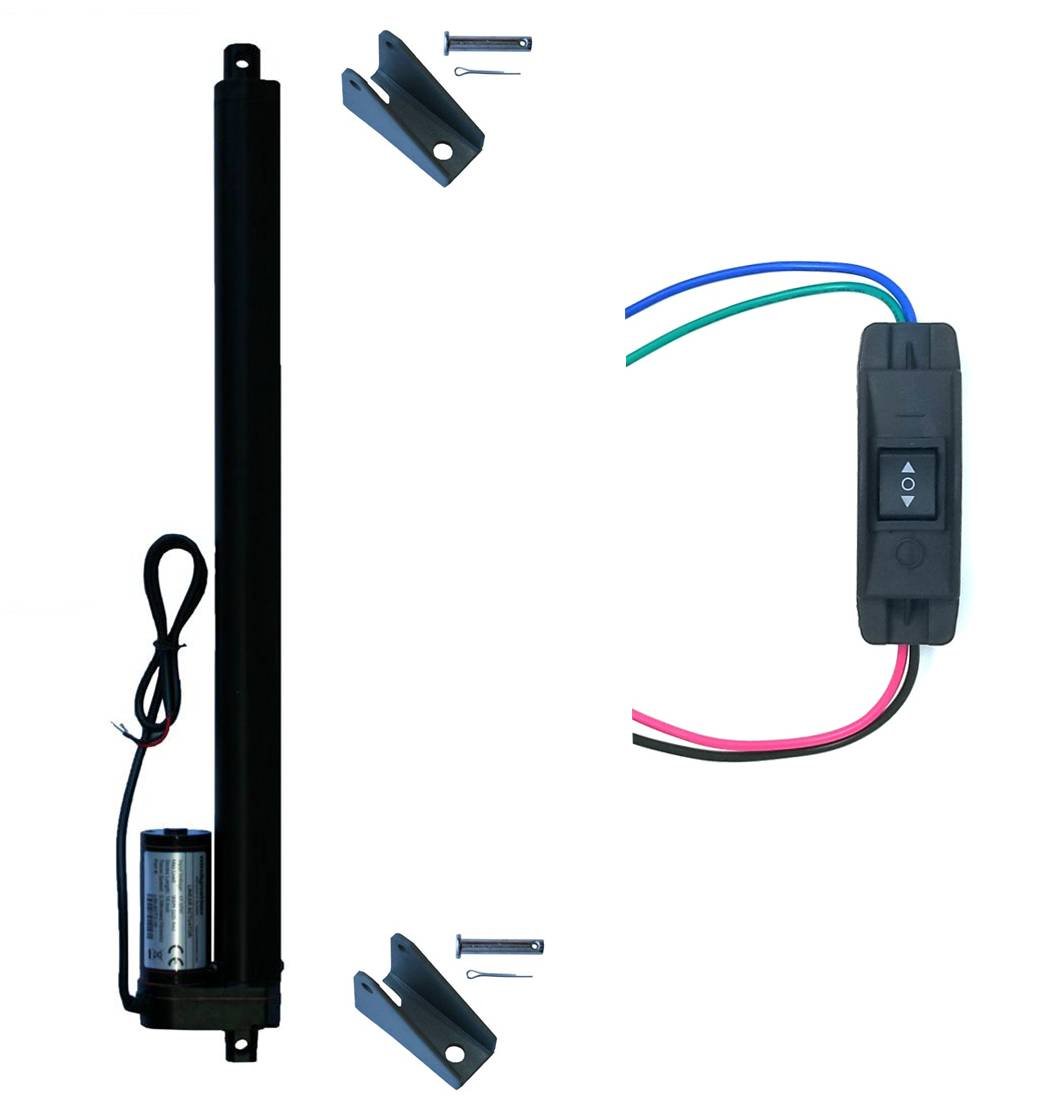 WindyNation 16 Inch 16" Stroke Linear Actuator 12 Volt 12V 225 Pounds lbs + Up Down DPDT Switch + Mounting Brackets (16" Actuator, Momentary Switch)