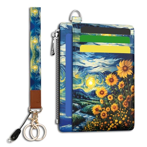 Image of Hancynir Sunflower Slim Wallet Women Credit Card Holder Wristlet RFID Small | Cute Keychain Lanyard Wallet, Travel Zipper Coin Pocket, Ladies Gifts Women, Minimalist Card Case, 6 Card Slots, PU Leather