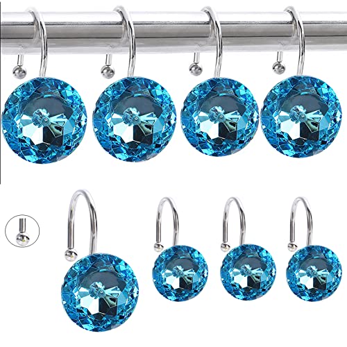 Shower Curtain Hooks Rings 12Pcs Crystal Rolling Shower Curtain Hooks, Stainless Steel Rust Proof Decorative Window Shower Hooks Hangers for Bathroom, Living Room, Towels (Crystal Blue, 12)