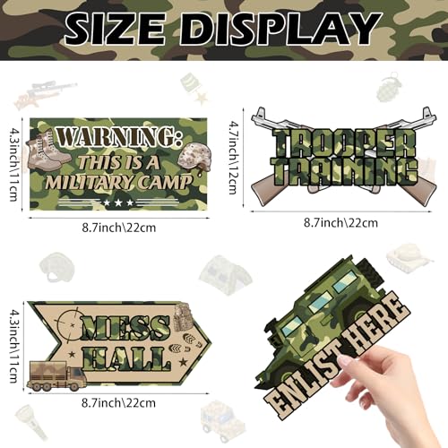 Image of Hooqict 20 Pieces Army Party Sign Camouflage Military Birthday Party Decorations Directional Signs for Boys Men Camo Army Retirement Decorations Welcome to Boot Camp Party Supplies