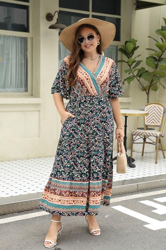 Image of Keluummi Plus Size Maxi Dress for Women V-Neck Floral Empire Waist 3 /4 Sleeve with Pockets