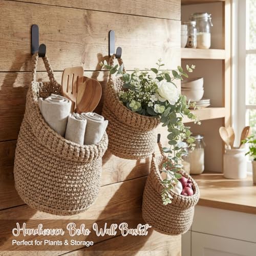 Image of Honeydak 3 Hanging Baskets, Light Linen, Barrel, Cotton Rope