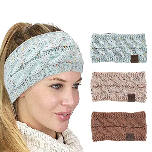 Muyyan Womens Winter Ear Warmer Headbands Cable Knit Head Wrap Fleece Lined Headband for Women and Girls (Pack of 3) (D (Confetti Mint+Confetti Pink+Confetti Rust))