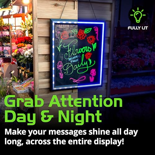 Image of Green Light Innovations LED Writing Message Board 23x27 - Illuminated Erasable Neon Chalkboard Sign with Remote & Markers - Light Up Menu Board for Restaurants, Bars, Food Trucks & Classrooms