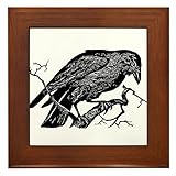 CafePress Vintage Raven in Tree Illustration Framed Tile, Decorative Tile Wall Hanging