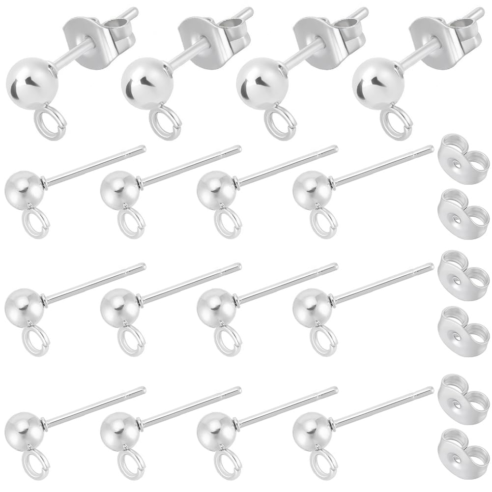 Beebeecraft 1 Box 100Pcs Ball Stud Earring Findings 925 Sterling Silver Plated 304 Stainless Steel Silver Round Post with Loop for Dangle Earring Jewelry Making DIY