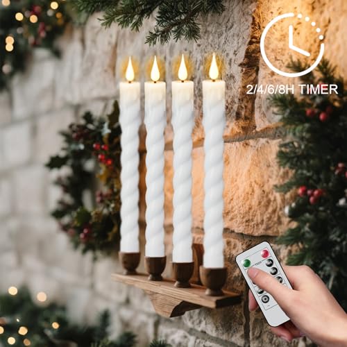 Image of Flickering Flameless Taper Candles with Remote and Timer, 2 Pack Battery Operated LED Taper Candles 3D Wick Plastic Dripping Effect Dinner Wedding Holiday Decor(White, 0.78 inch D x 9.65 inch H)