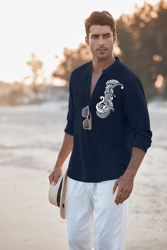 Image of FINIVO FASHION Men's Printed Cotton Blend Short Kurta with Artistic Chest Design | Stylish Full Sleeve Casual Kurta with Mandarin Collar for Daily, Travel Soft Textured