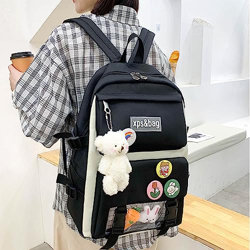 4Pcs Kawaii Backpack Cute Backpack for School Aesthetic Backpack Kawaii School Supplies Backpack Set with Accessories (Black)3