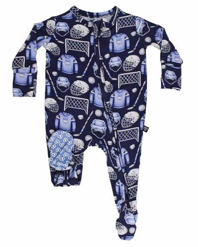 Blue Bamboo Zippered Footie, 2-Way Zip, Sustainable Footie Pajamas, Long Sleeve, Washable, Jumper Design (Hockey, 0-3 Months)