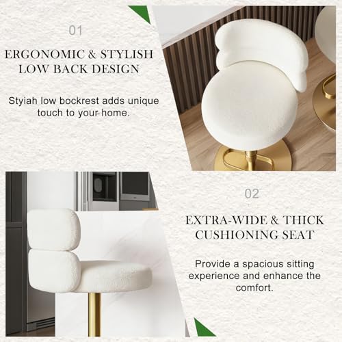Butaco giratorio ajustable con respaldo, blanco y base dorada | Asiento acolchado en bouclé, respaldo acolchado, altura ajustable, giro de 360° y base dorada para islas de cocina y bares domésticos. miniatura 3
