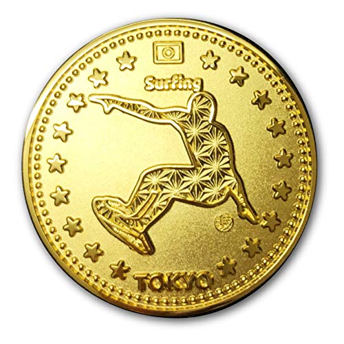 TOKYO SPORTS 記念 アスリートコイン Gold サーフィン Surfing Athlete Coin 高級磨き仕上げ 本金メッキ 日本製 オリジナルケース入り Made in Japan 東京 スポーツ サーファー 湘南 江ノ島