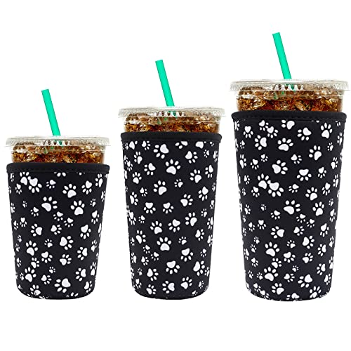 Image of YR Reusable Neoprene Insulator Sleeve for Iced Coffee Cups, 3 Pack Coffee Coolies sleeves for Iced & Hot Drinks, Cold Beverage Cooler Compatible with Starbucks Coffee and More (Paw)