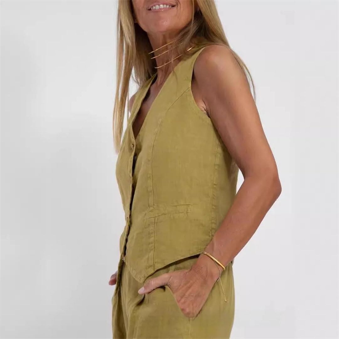 Women Patchwork Cotton Linen Vest Pants Long Pants Commute Outfits Two-Piece Suit Set
