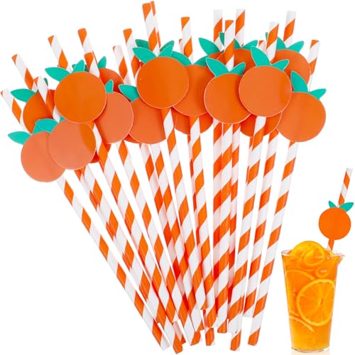 Giantree 50 pajitas de papel a rayas naranjas, pajitas desechables para beber con temática de frutas, pajitas de papel decorativas para fiestas, otoño, boda, baby shower, suministros de fiesta de