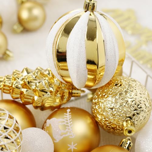 Christmas Balls 65pcs, Christmas Tree Decoration Set, Christmas Ornaments Set for Xmas Tree Holiday Party Garland Decor - Gold