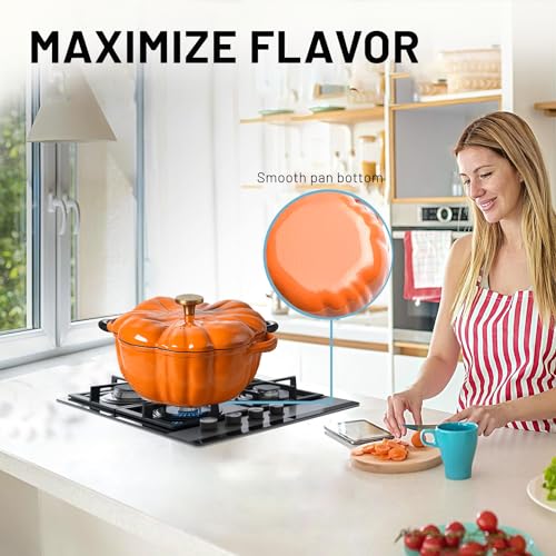 SPNOR Stockpot with Lid, Enameled Cast Iron Dutch Oven, 1.5L Pot with Lid Two Handles, 16cm Heavy-Duty Cookware for Braising, Stews, Roasting, Bread Baking, Orange pumpkin