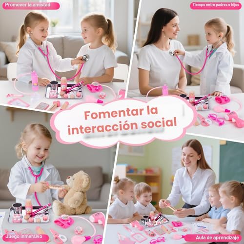 Miniatura 5 de Sundaymot Maletin Medicos Juguete, 35 Piezas Madera Doctora Juguete Con Estetoscopio Real, Bata, Cilindro De Oxígeno, Termómetro Y Jeringa, Juguete Educativo Para Niños De 3 Años