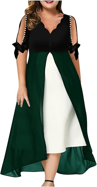 Plus Size Dress for Women Evening Party Cold Shoulder Short Sleeve Bow V Neck Split Hem Elegant Flowy Long Dresses