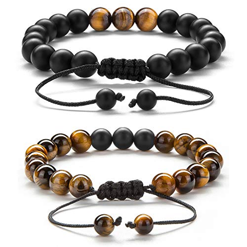 image for Hamoery Men Women 8mm Tiger Eye Stone Beads Bracelet Braided Rope Natu