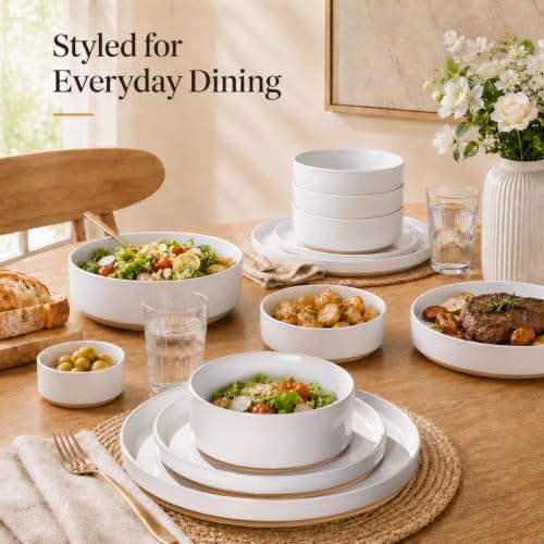 Image of AmorArc Ceramic Dinnerware Set for 4 | Speckled Stoneware Plates and Bowls with unglazed terracotta | Scratch Resistant, Dishwasher & Microwave Safe Dishes Sets- 12-Pcs Milk White
