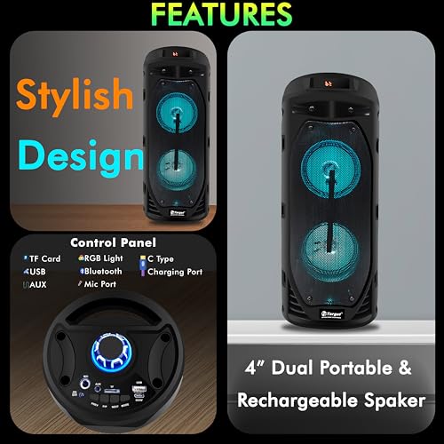 Image of Target TT-BSM-443 Dual 4-inch Drivers Portable Rechargeable Bluetooth Speaker with RGB Light, Wired Karaoke Mic, TF Card, USB, AUX, C Type Charging Port, 50W, Black