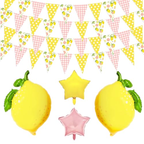 Image of Pink and Yellow Lemon Triangle Banner Balloons Lemonade Bar Stand Supplies Amalfi Coast Hawaiian Luau Summer Birthday Party Decorations Baby Shower Freshly Graduated Lemon Themed Party Decor