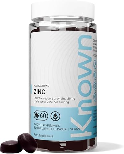 Known 20mg Zinc Gummies – Blackcurrant Flavour – Chewable Vegan Gummy Supplement – Immune, Skin, Hair, Nail, Fertility & Cognitive Support – 1 Month Supply – for Men & Women