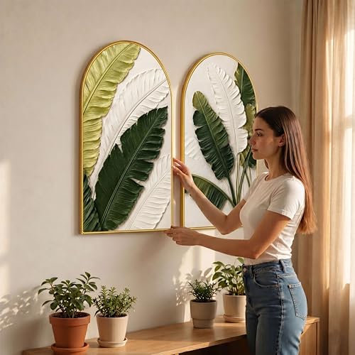 Image of Livin'luxe Set of 2 Tropical Leaf Wall Painting for Living Room, Green Botanical Modern Artwork, PVC Golden Frame, Arch Shape Wall Decor for Bedroom, Hall, Office & Gift (30 x 32 Inch) RPNL-02-115