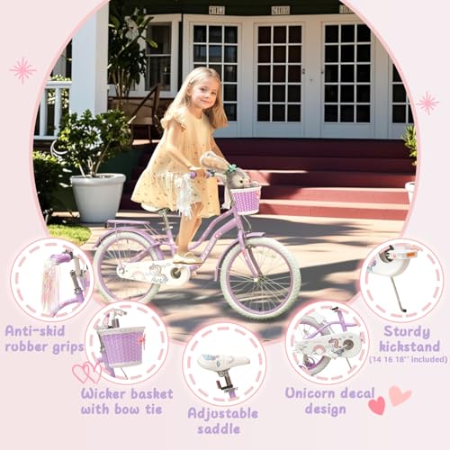Image of Bixike Princess Style Girls Bike with Basket for 2-13 Years Old Kids and Toddlers, 12 14 16 18 Inch Bicycle for Children with Training Wheels and Streamers, 20 Inch with Kickstand, Multiple Colors