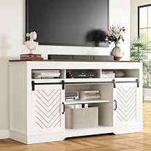RoyalCraft TV Stand for 65+ Inch TV Farmhouse Entertainment Center with Storage, Wood TV Console Cabinets with Sliding Barn Door, Tall Media with Adjustable Shelves for Living Room, Ivory & Oak
