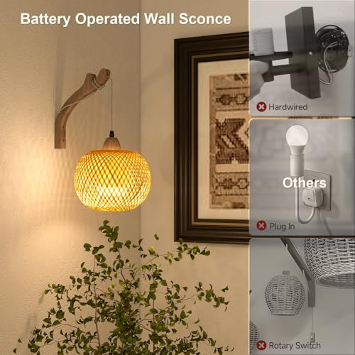 Image of NIORSUN Boho Wall Sconce, Wireless Rechargeable Battery Powered with Vintage Woven Design for Bedroom, Living Room, Dimmable LED with 3 CCT and 6 RGB Solid Color, Timer, Easy Install