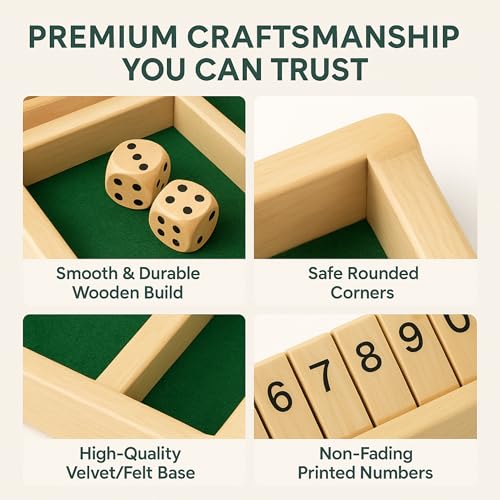 Image of Shut The Box Board Game - Wooden Dice Game for 4 Players | Family Indoor Game for Kids | Educational Math Learning Toy | 23 x 23 cm