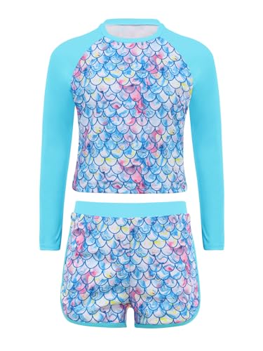 Eandarui Kids Girls 2Pcs Rash Guard Long Sleeve Cartoon Print Cute Swim Tops with Shorts Surfing Bathing Suit Blue 13-14 Years