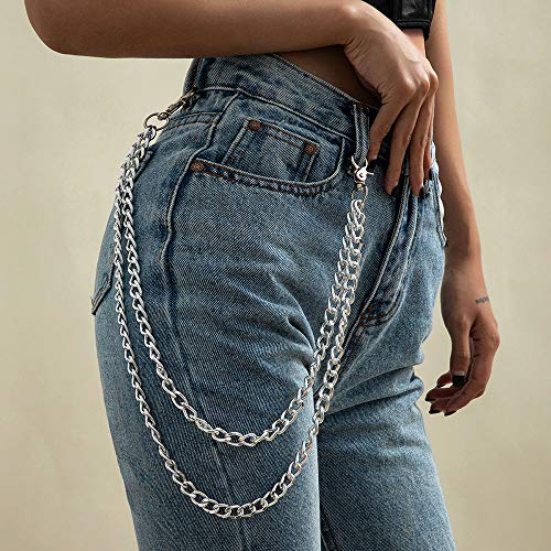 Denifery Silver/Gold Jeans Pants Chain with Lock Jean Chains Necklace Wallet Chain Belt for Women Men Hiphop Jewelry (Silver C)