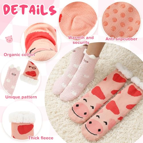 Image of Liitrsh 2 Pairs Fuzzy Slipper Socks with Grippers Animal Sock Sherpa Lining Warm Plush Animal Lover Gift for Valentine's Day