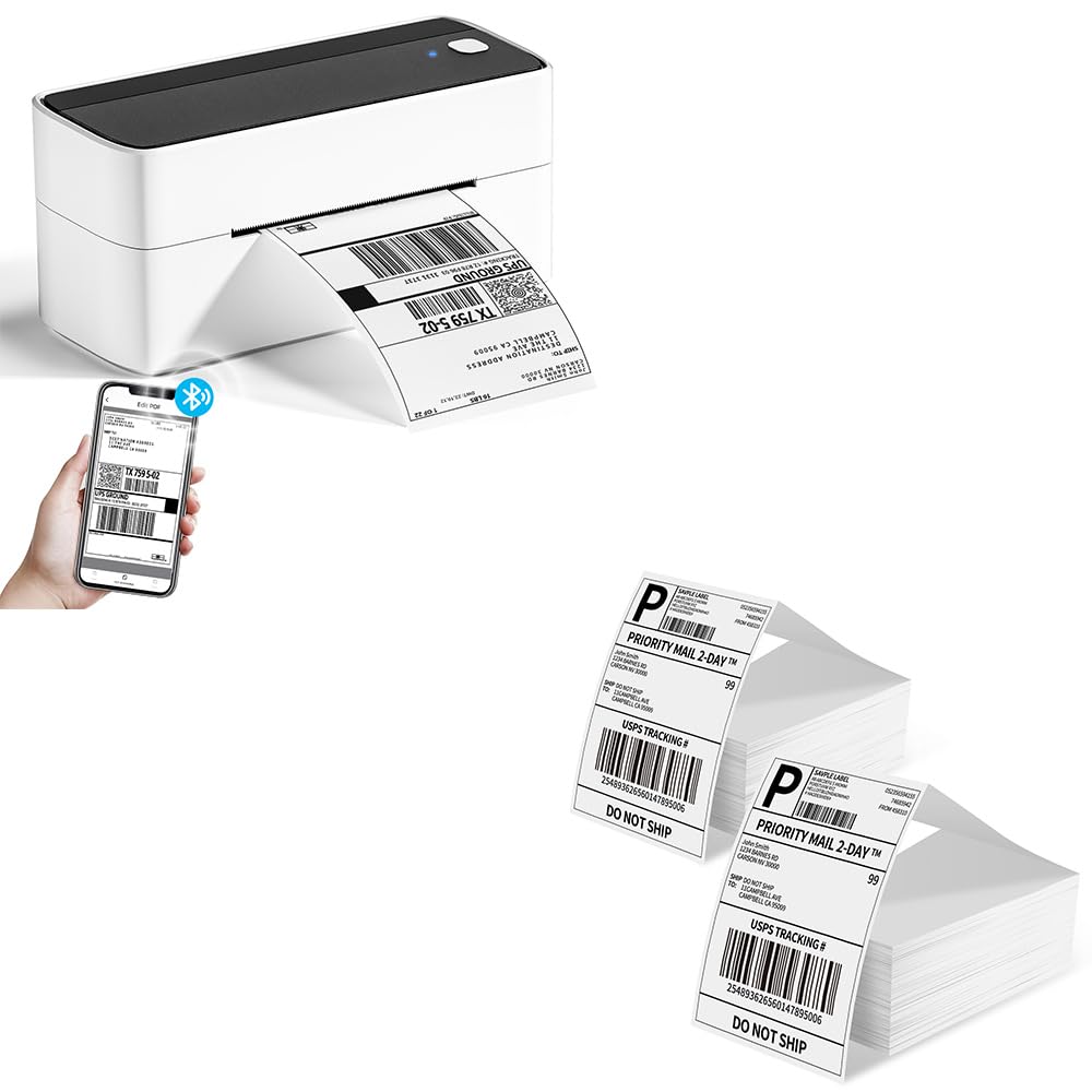 Phomemo Bluetooth Etikettendrucker mit 1000 Versandetiketten Bundle, 4x6 Label Printer für DHL, UPS, DPD, Thermodrucker Kompatibel mit Amazon, Etsy, Shopify, iOS & Android