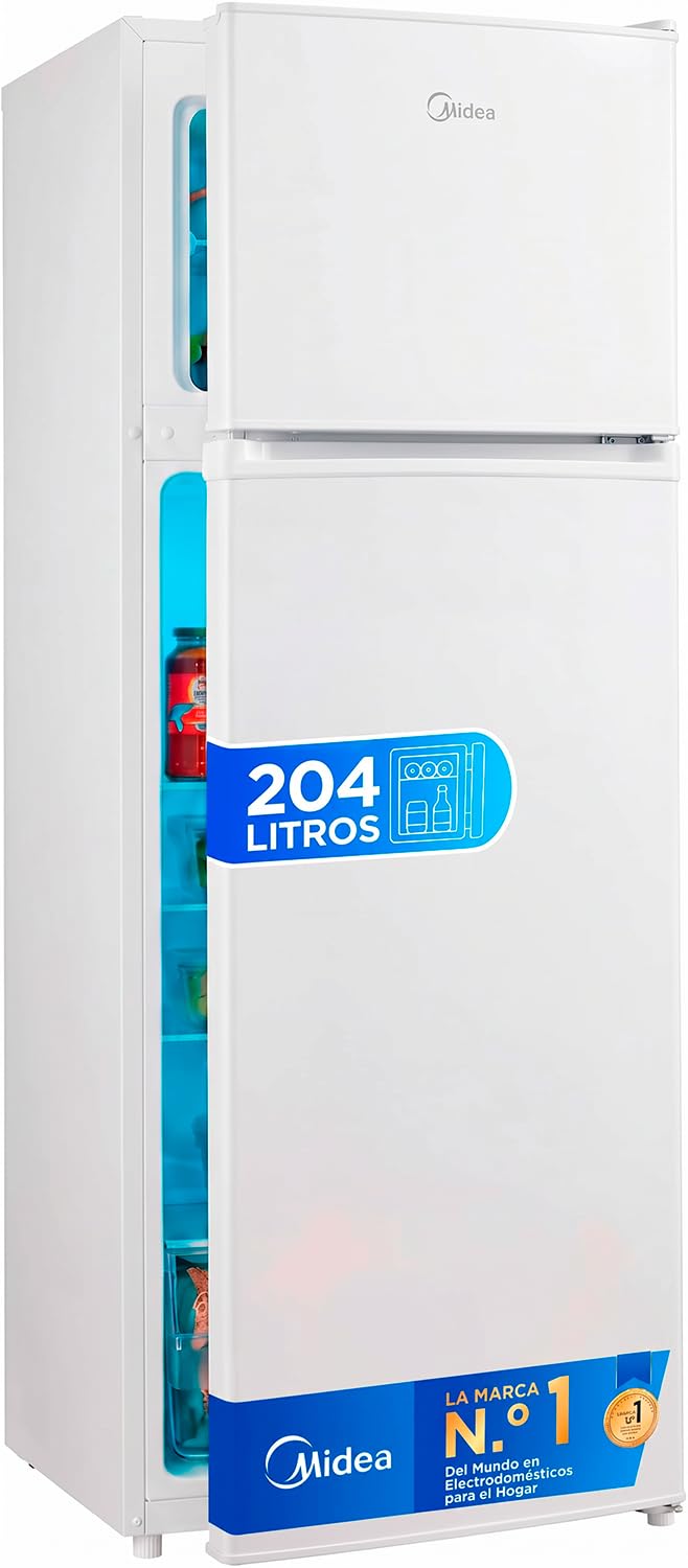 Midea Frigorífico 2 puertas 140 cm alto x 55 cm ancho, Blanco, Capacidad 204 L, Nevera Pequeña con Congelador Low Frost de Bajo Consumo, Puerta Reversible, Luz LED, Silencioso 40dB, Cajón de Frutas