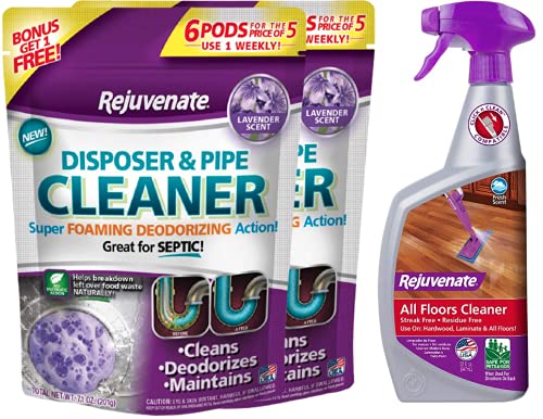 Rejuvenate Garbage Disposal and Drain Pipe Cleaner Pods Powerful Foaming Action and Removes Garbage Disposal Smells 6 Unit Pack Lavender Scent x2 w High Performance All-Floors Cleaner