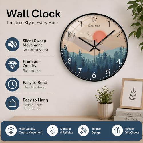 Image of Auromin Wall Clock for Living Room Stylish - Decorative Forest Design Modern Wall Clock for Bedroom, Hall, Office | Silent Non-Ticking Analog Clock | Round Glass Battery Operated Clock