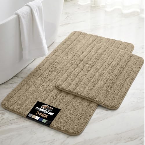Image of GORILLA GRIP Memory Foam Bathroom Rugs, Soft Absorbent Textured Rubber Backing Striped Bath Mat, Set of 2 Machine Washable Quick Dry Floor Mats, Shower Rugs Home Accessories, Beige 24x16 and 30x18