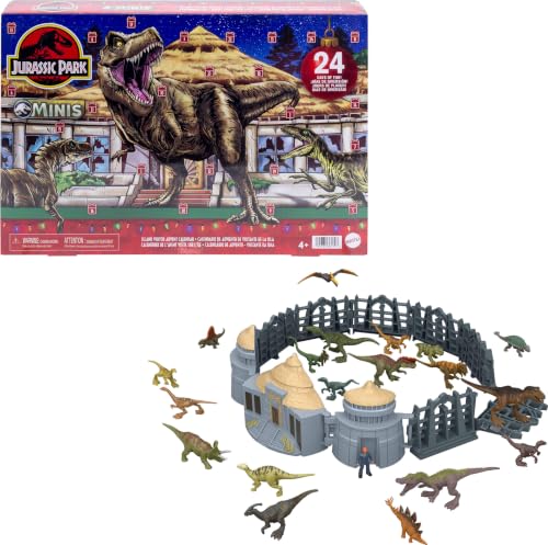 Image of Mattel Jurassic World Advent Calendar, 24 Days of Toy Surprises, 19 Mini Dinosaurs, 1 Human, 4 Scene Pieces, Jurassic Park Island Visitor