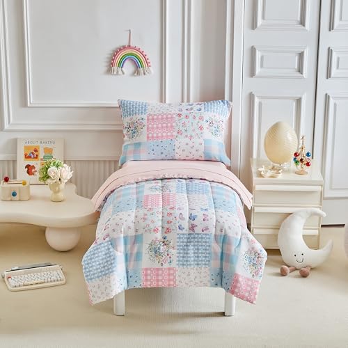 Image of Joyreap 4 Piece Toddler Bedding Set- Pink n Blue Patchwork Design, Microfiber Toddler Bedding Comforter Set for Girls