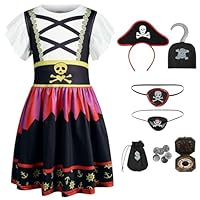AUYAO Girls Pirate Costume 7 Pcs Pirate Role Play Dress Up Set with Accessories Pirate Outfit for Kids Pirate Princess Fancy Dress for Pirate Themed Birthday Party Holloween World Book Day Christmas