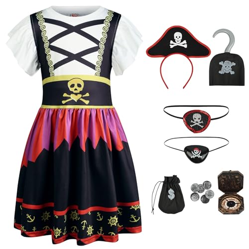 AUYAO Disfarce pirata crianças, conjunto de 7 peças disfarces piratas com vestido, chapéu e emblema no olho, conjunto de menina bucaneiro vestid, disfarce de Halloween meninas para cosplay carnaval
