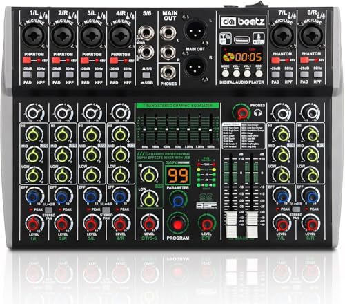 Image of DaBeatz 8 Channel Audio Mixer with Bluetooth USB & DSP Effects | 99 DSP, 7-Band EQ, PAD /HPF, 48V Phantom Power | Professional DJ Sound Mixer for Studio, Karaoke, Live & Recording Setup