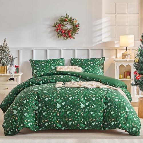 Image of Lekesky Christmas Duvet Cover King Size 3-Piece, Green Tree