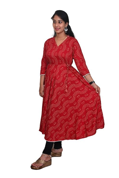 SHRUSTI Beautiful Rayon Red Anarkali Kurta Ethnic Wear Elbow Sleeves Rayon Fabric for Womens and Girls Full Umbrella Style Kurta